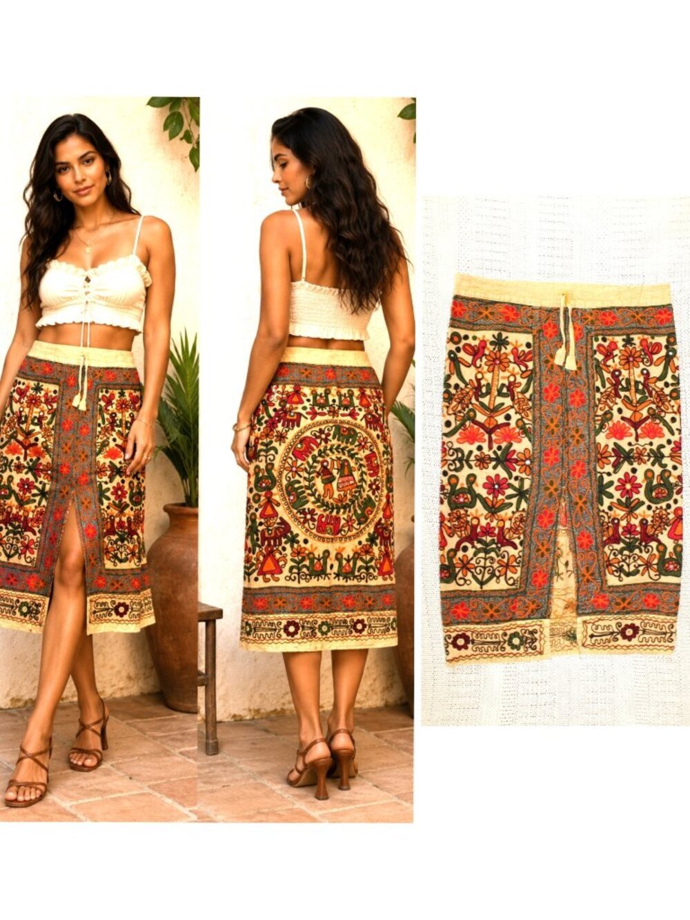 Suzani Handmade Embroidery Birds & Floral Midi Skirt Free Size Slit Drawcord
